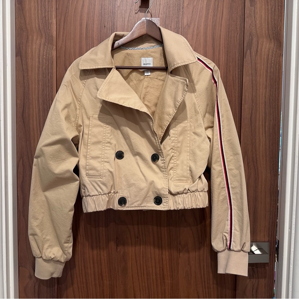 Maeve Cropped Tan Trench Coat with Contrast Stripe